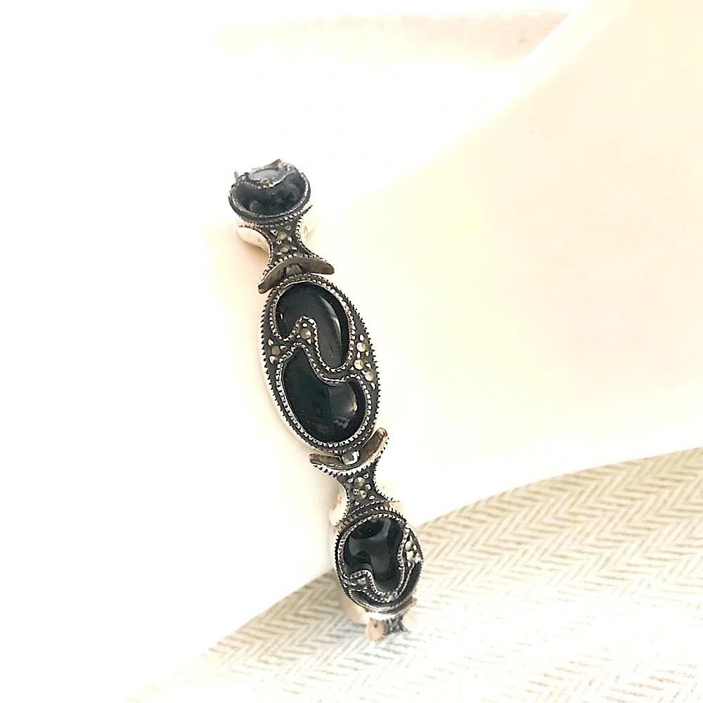 JUDITH JACK Vintage Black Onyx Marcasite Sterling Silver Art Deco Bracelet